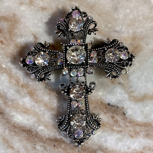 Rhinestone AB Crystals Victorian Baroque Cross Pendant Brooch Silver Finish - Picture 1 of 7